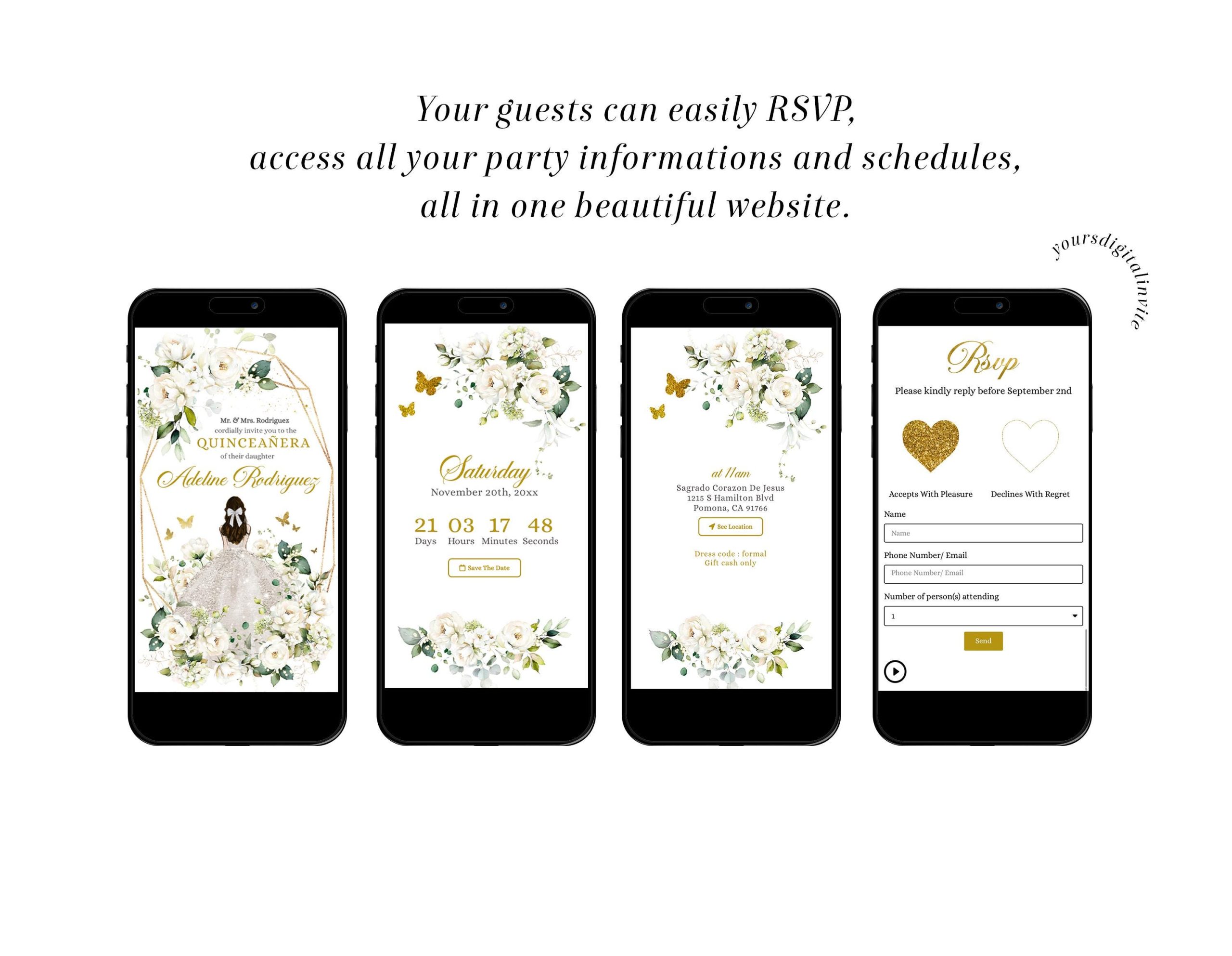 2 q31 white Q16 Digital Creamy White and Gold Floral Mis Quince Anos Mini Website