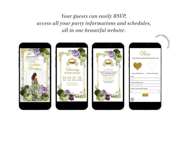 Q34 Elegant Royal Castle Purple Lilac and sage green Princess Quinceañera Invitation
