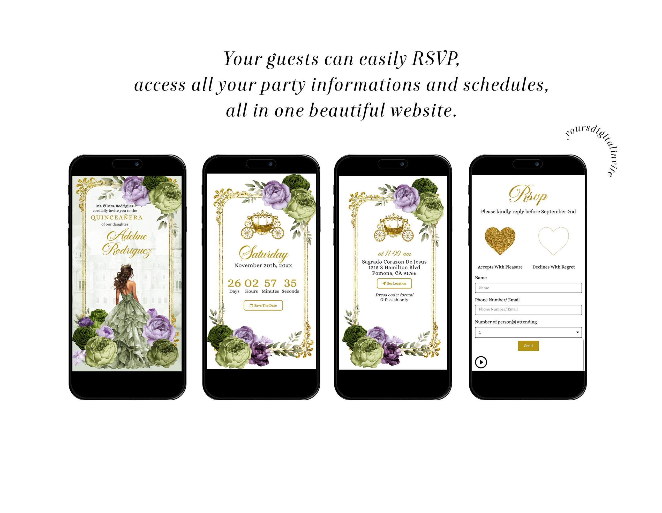 2 q34 lilac Q34 Elegant Royal Castle Purple Lilac and sage green Princess Quinceañera Invitation