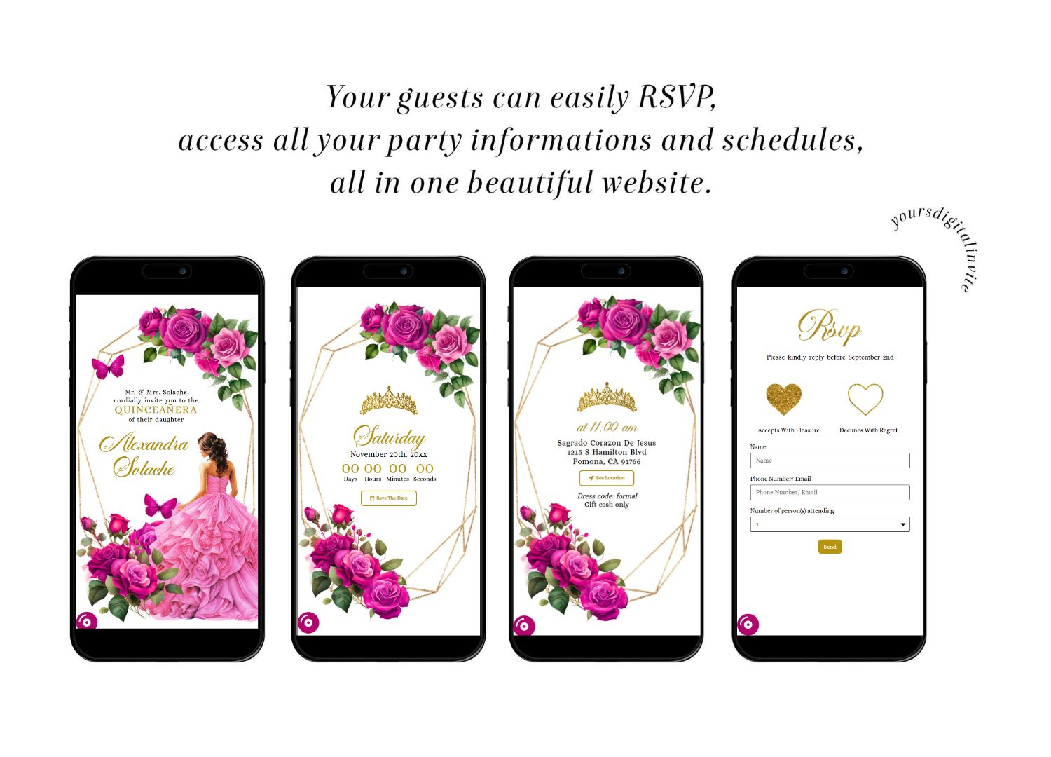 Geometric Pink Fuchsia Floral Quinceanera Invitation