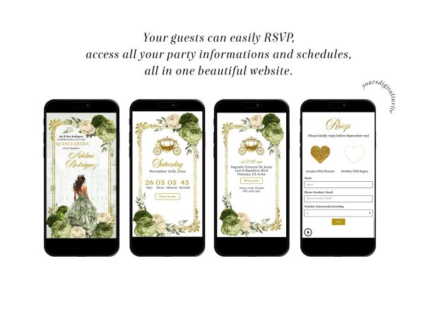 Q34 Elegant Royal Castle Gold Sage Green Princess Quinceañera Invitation
