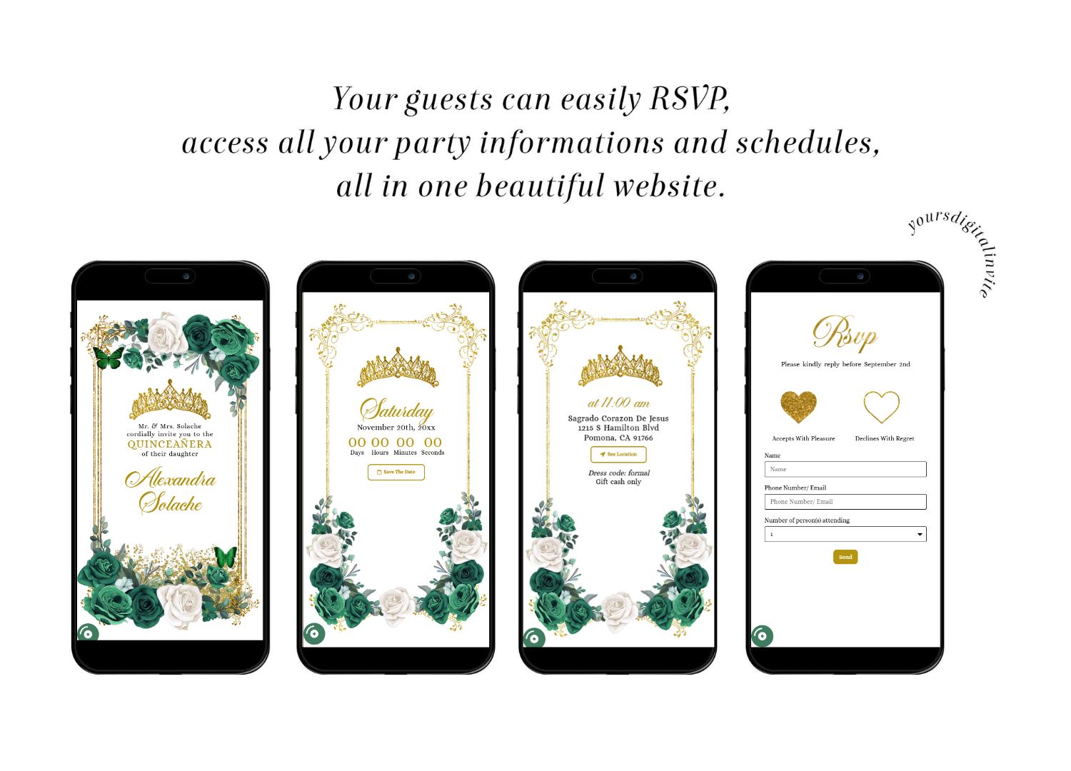 Gold Emerald Green Mexican Floral Quinceanera Invitation