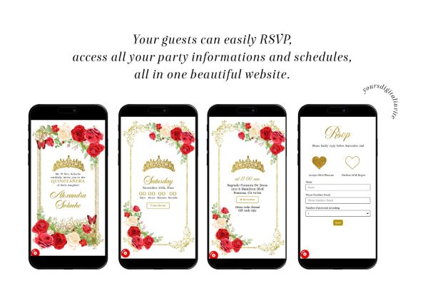 Gold Red Mexican Floral Quinceanera Invitation