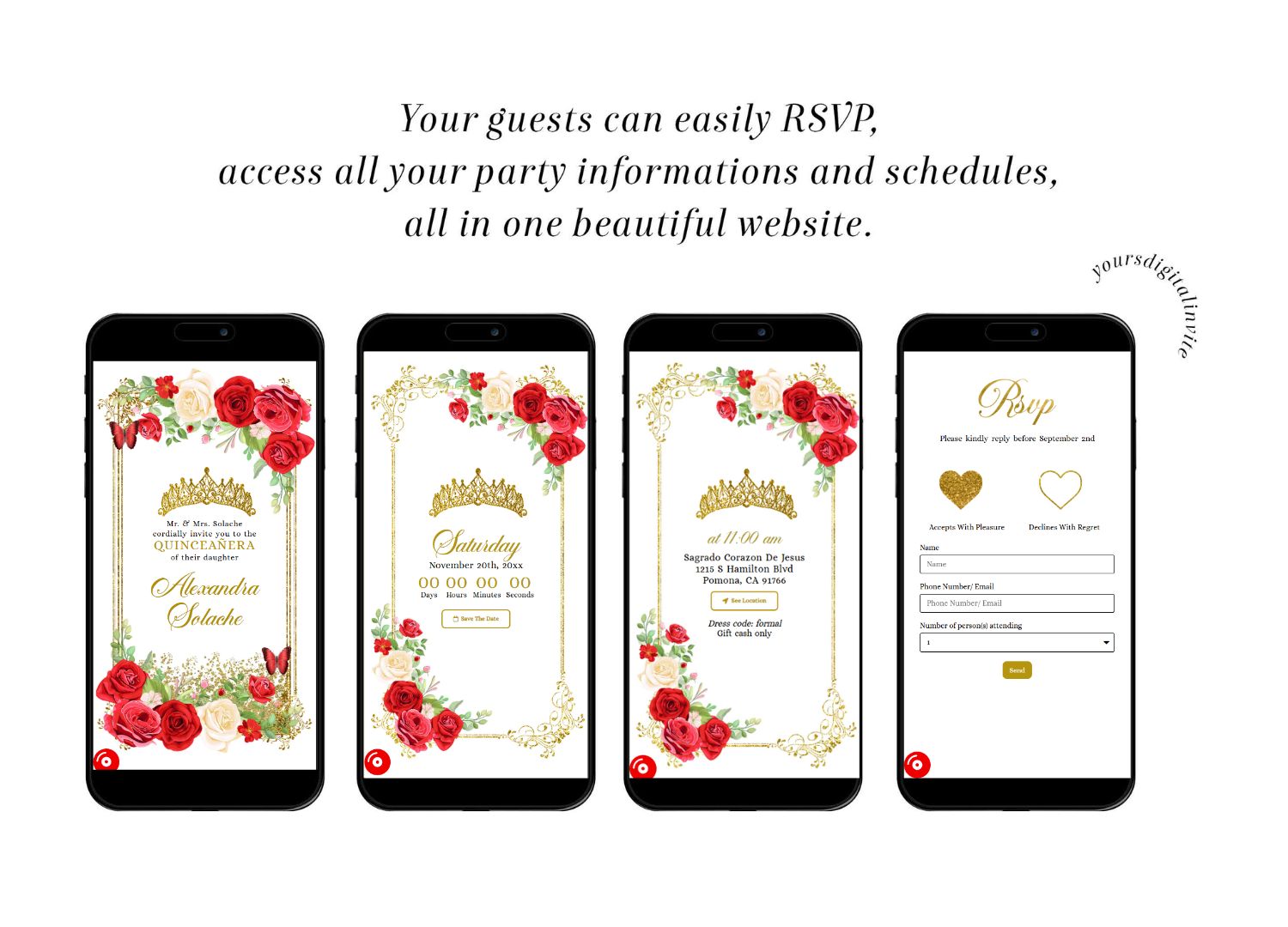 2 q39 red Gold Red Mexican Floral Quinceanera Invitation