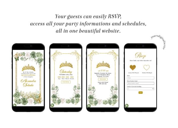 Gold Sage Green Mexican Floral Quinceanera Invitation