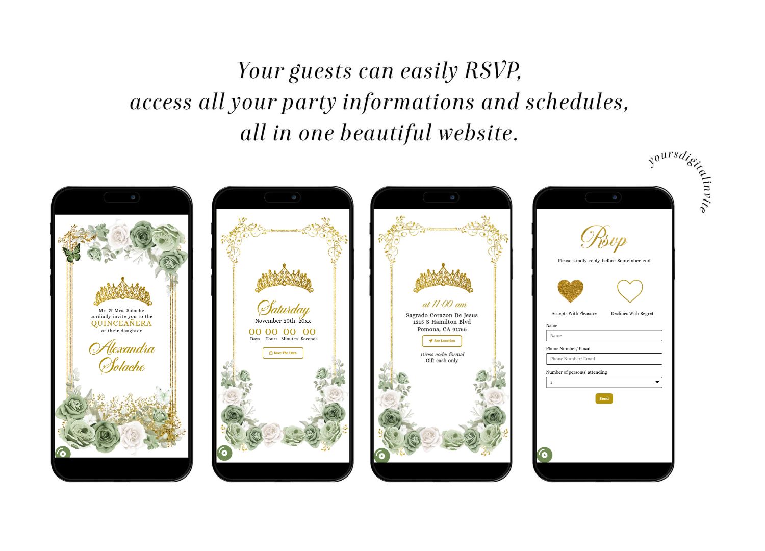 Gold Sage Green Mexican Floral Quinceanera Invitation