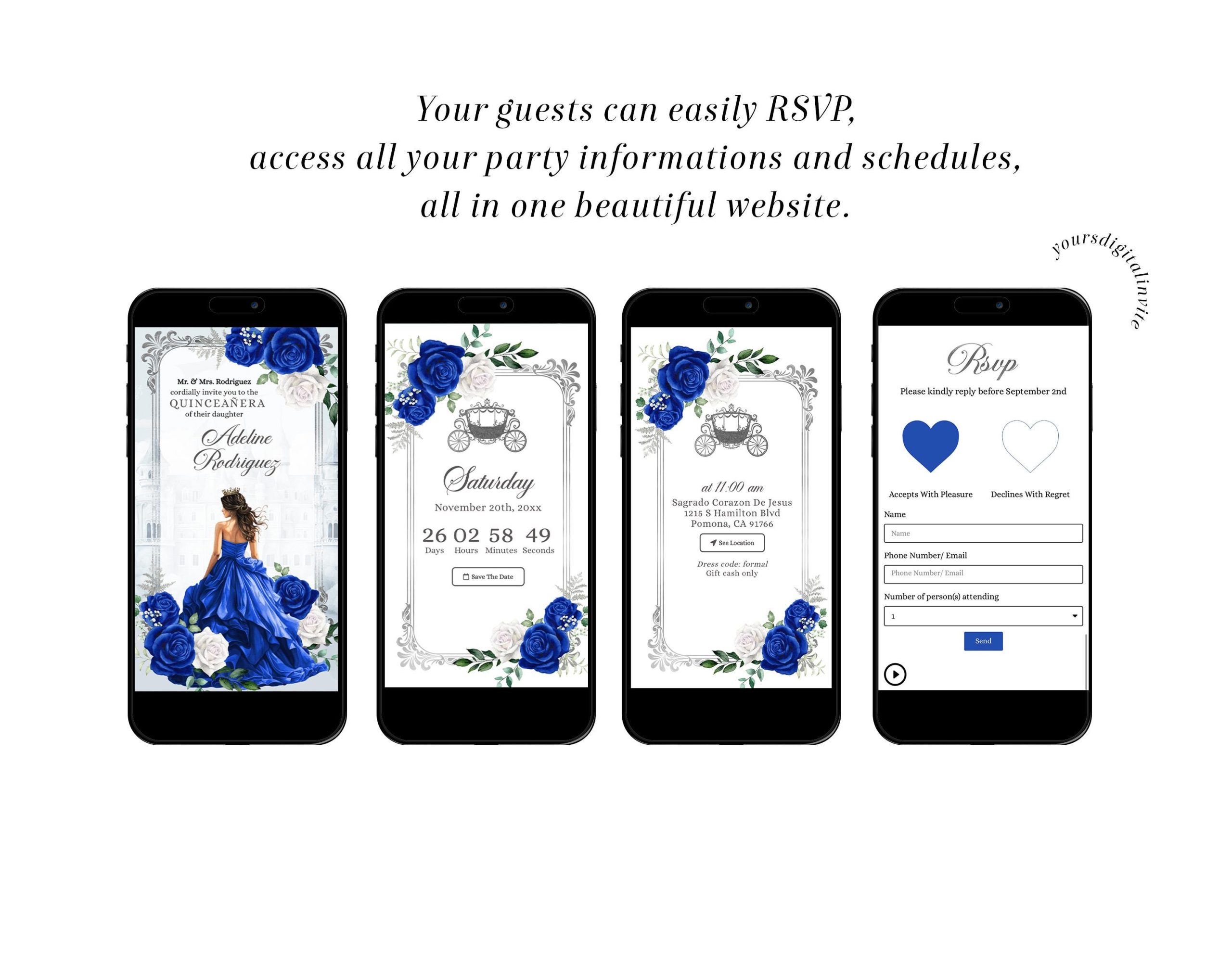 Q4 Fairytale Royal Blue Castle Elegant Quinceañera Invitation