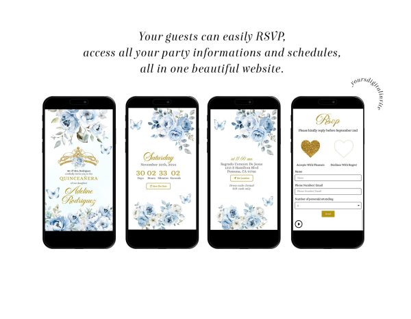 Q41 Elegant Light Blue Floral Royal Crown Mexican Quinceañera Invitation