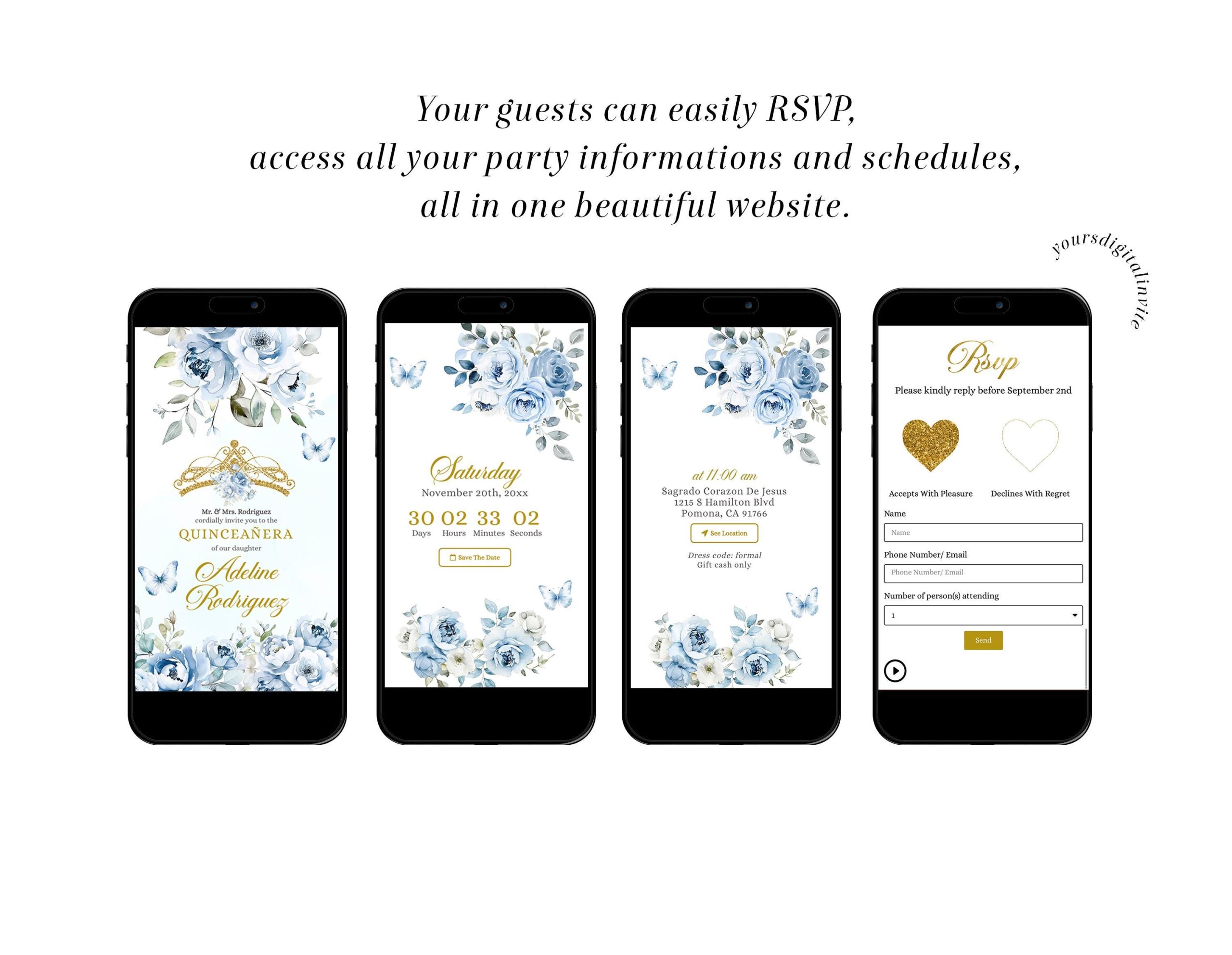 Q41 Elegant Light Blue Floral Royal Crown Mexican Quinceañera Invitation