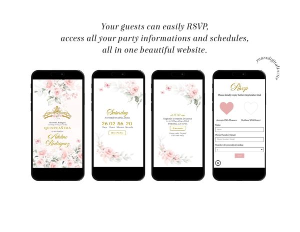 Digital Blush Pink Rose Gold Crown Mis Quince Invitation