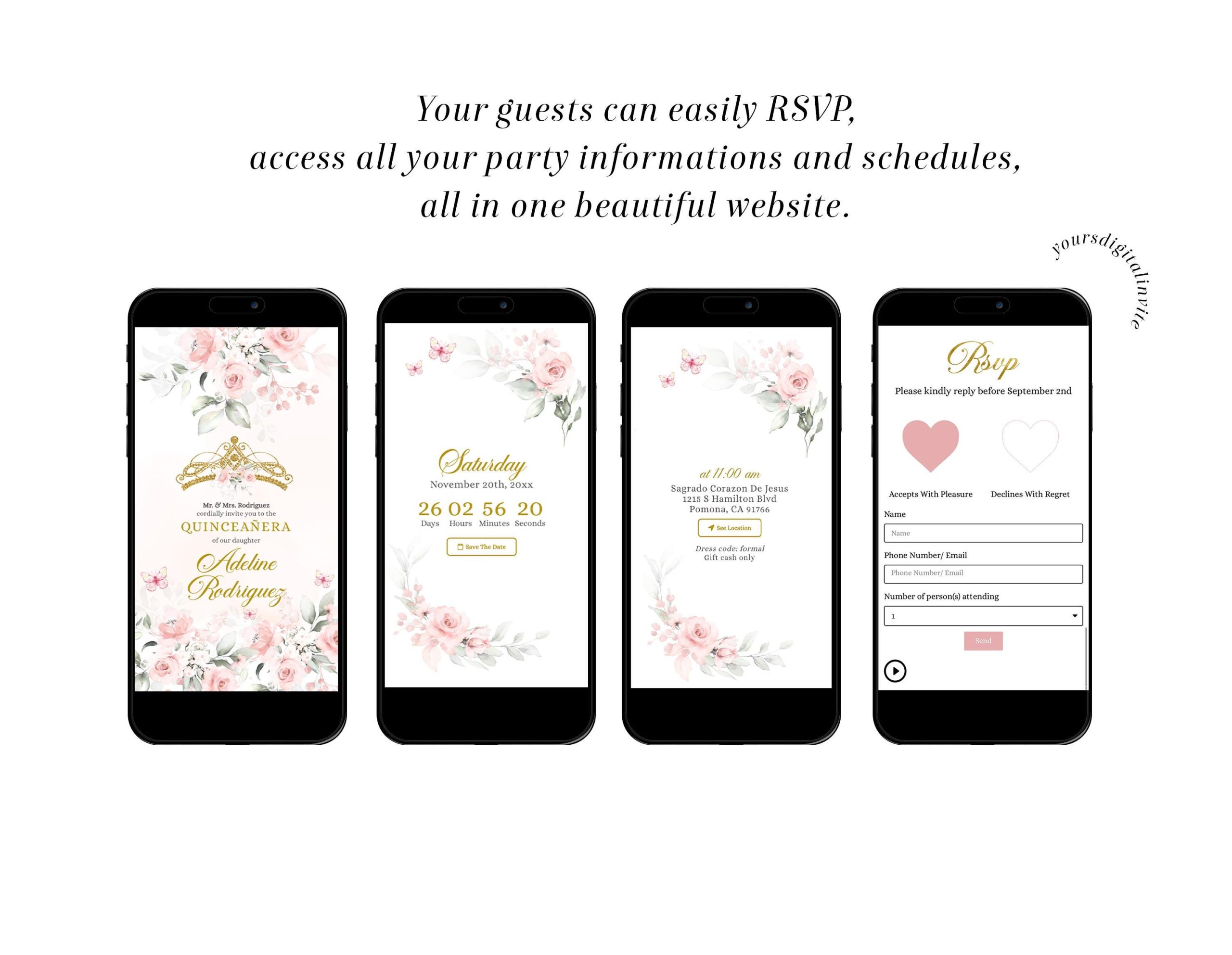 Digital Blush Pink Rose Gold Crown Mis Quince Invitation