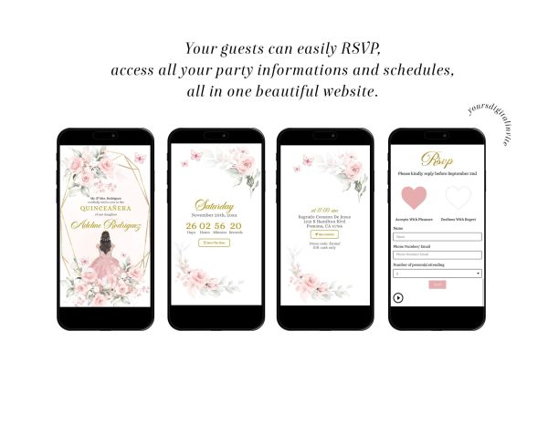 Digital Blush Pink Rose Princess Quinceañera Website invitation