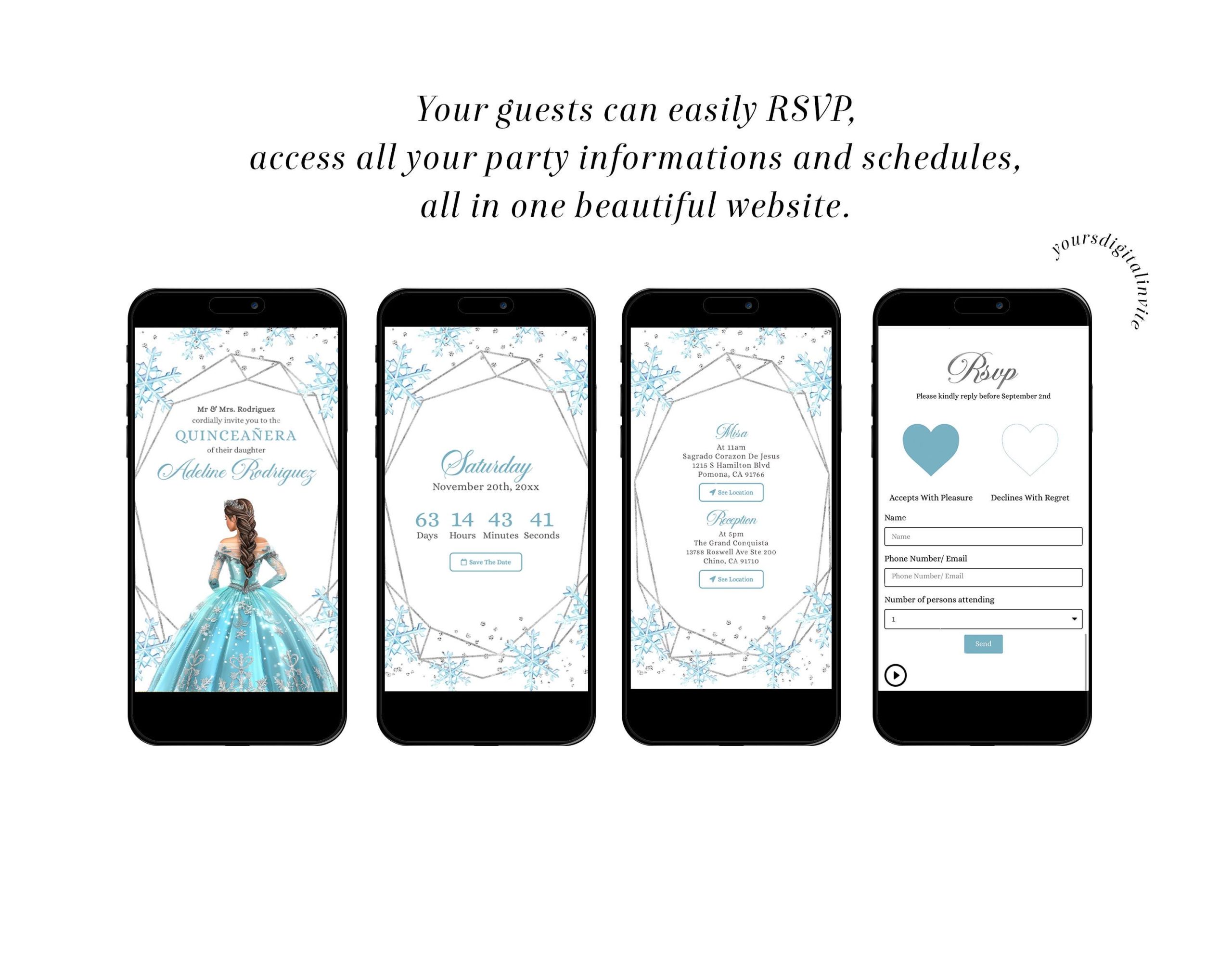 2 qw 1 winter QW1 Winter Mis Quince Anos Snowflake Invitation