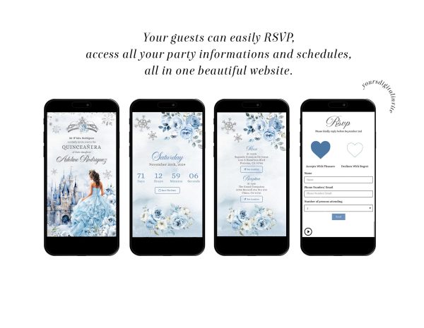 Winter Snowflakes Blue Castle Palace Quinceañera Invitation