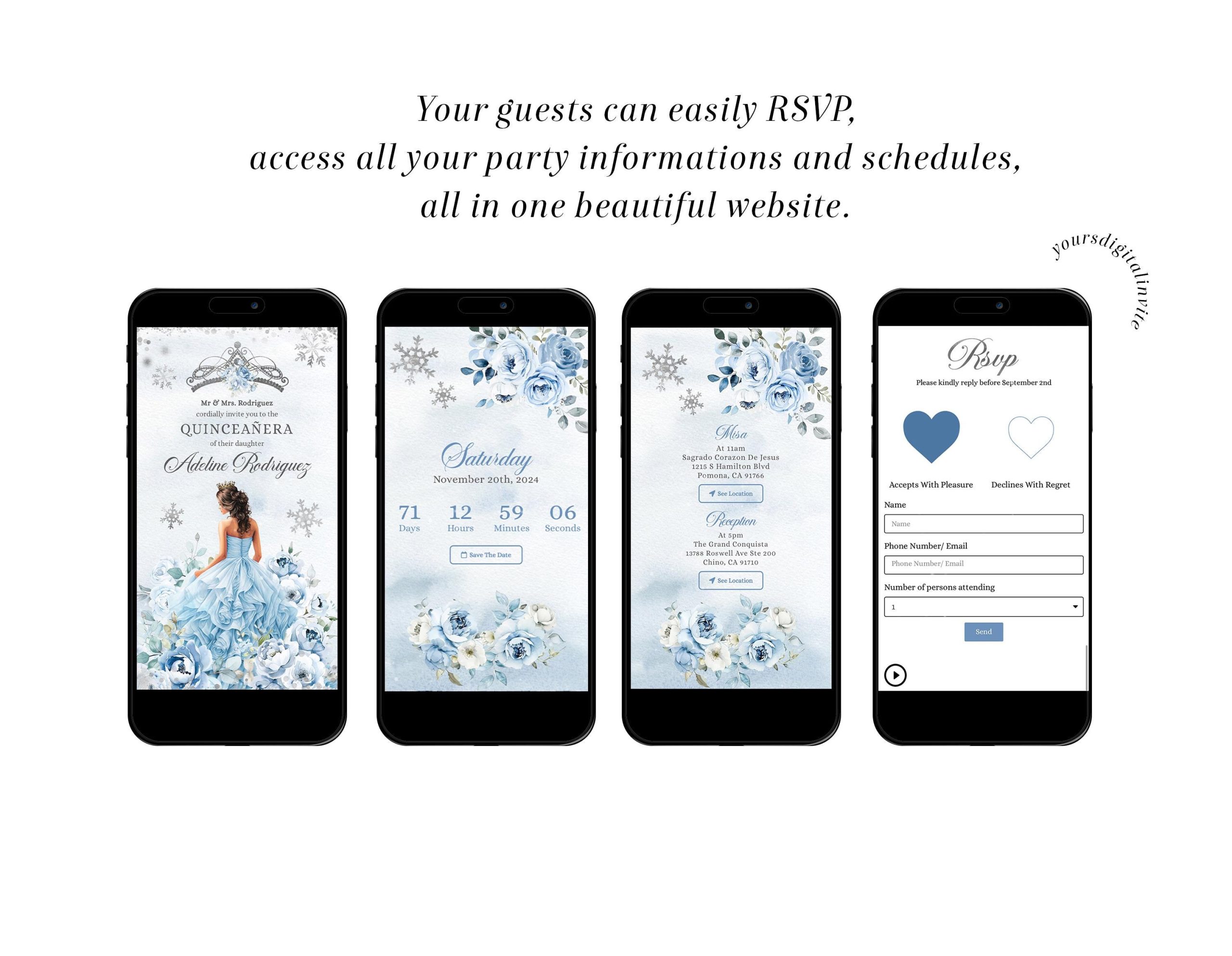 QW1 Winter Snowflakes Blue Mexican Princess Quinceañera Invitation