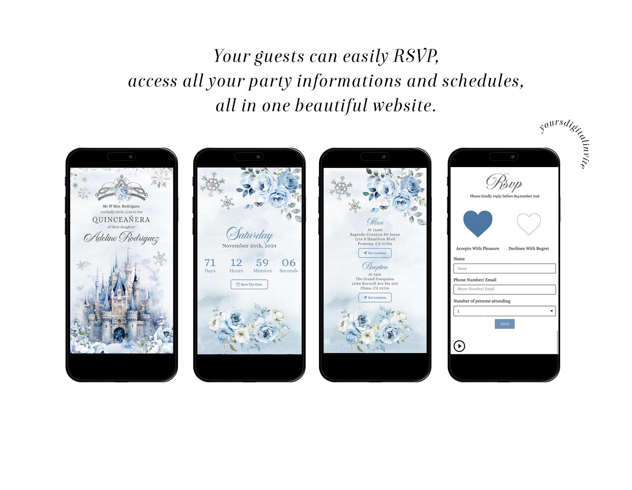 Winter Snowflakes Silver and Blue Castle Mis Quince Invitation
