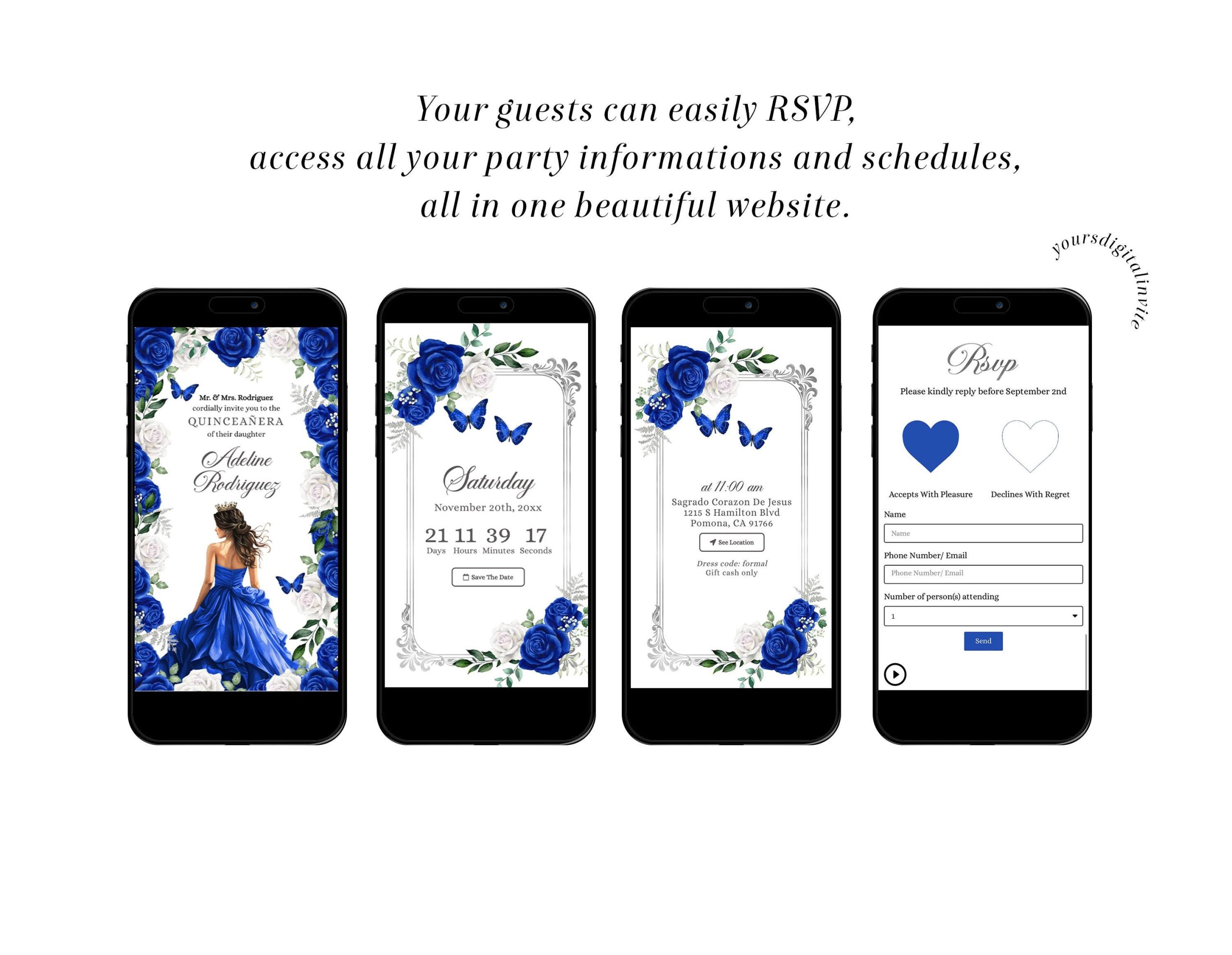 Silver and Royal Blue Princess Quinceañera Invitation