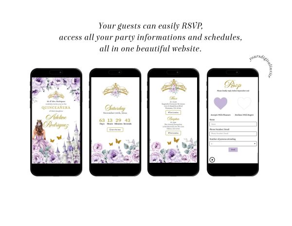 WA6 Elegant Gold Purple Castle Mexican Princess Quinceañera Invitation
