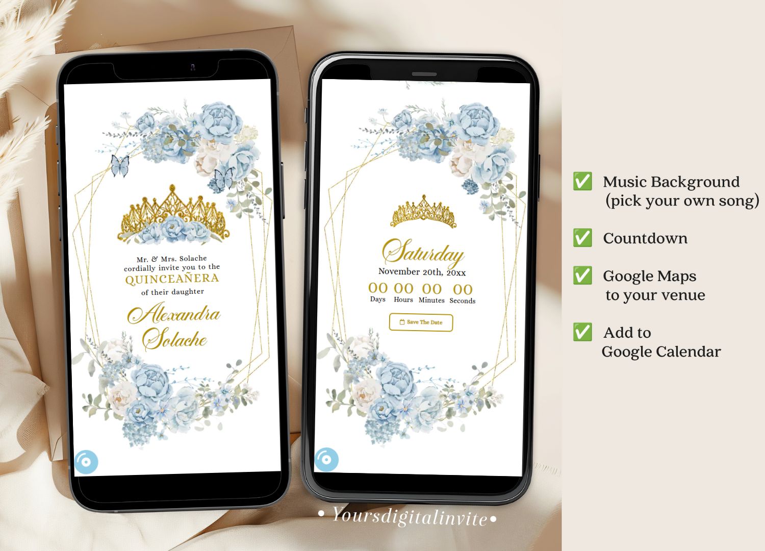 Dusty Blue And Gold Mexican Princess Quinceañera Invitation