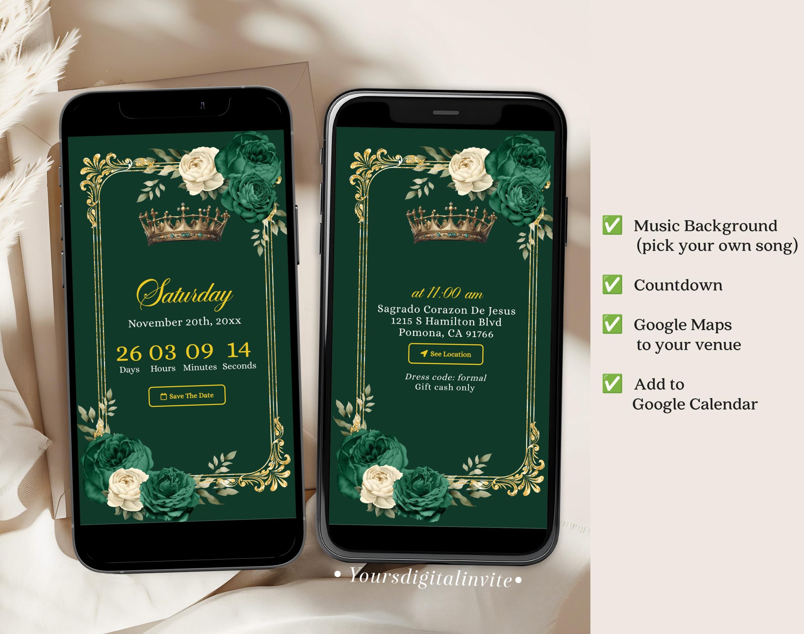 Emerald Green Royal Princess Palace Mis Quince Invitation