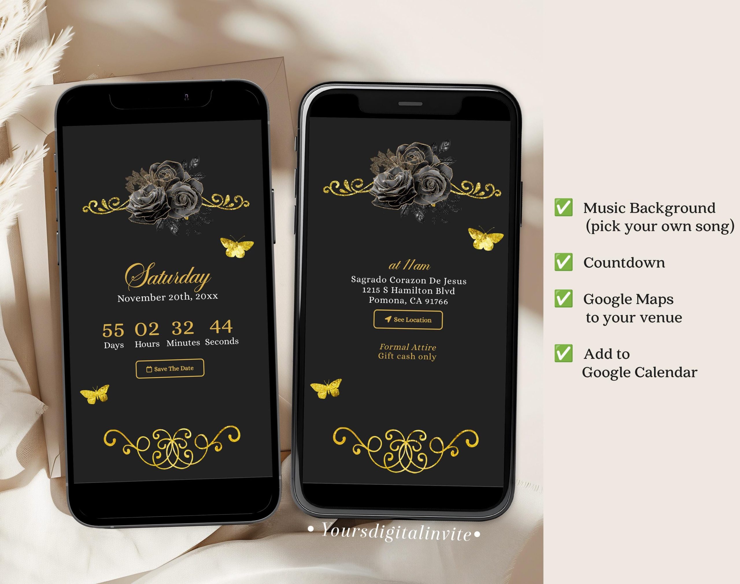 Royal Ballroom Gold and Black Rose Princess Quinceañera Invitation