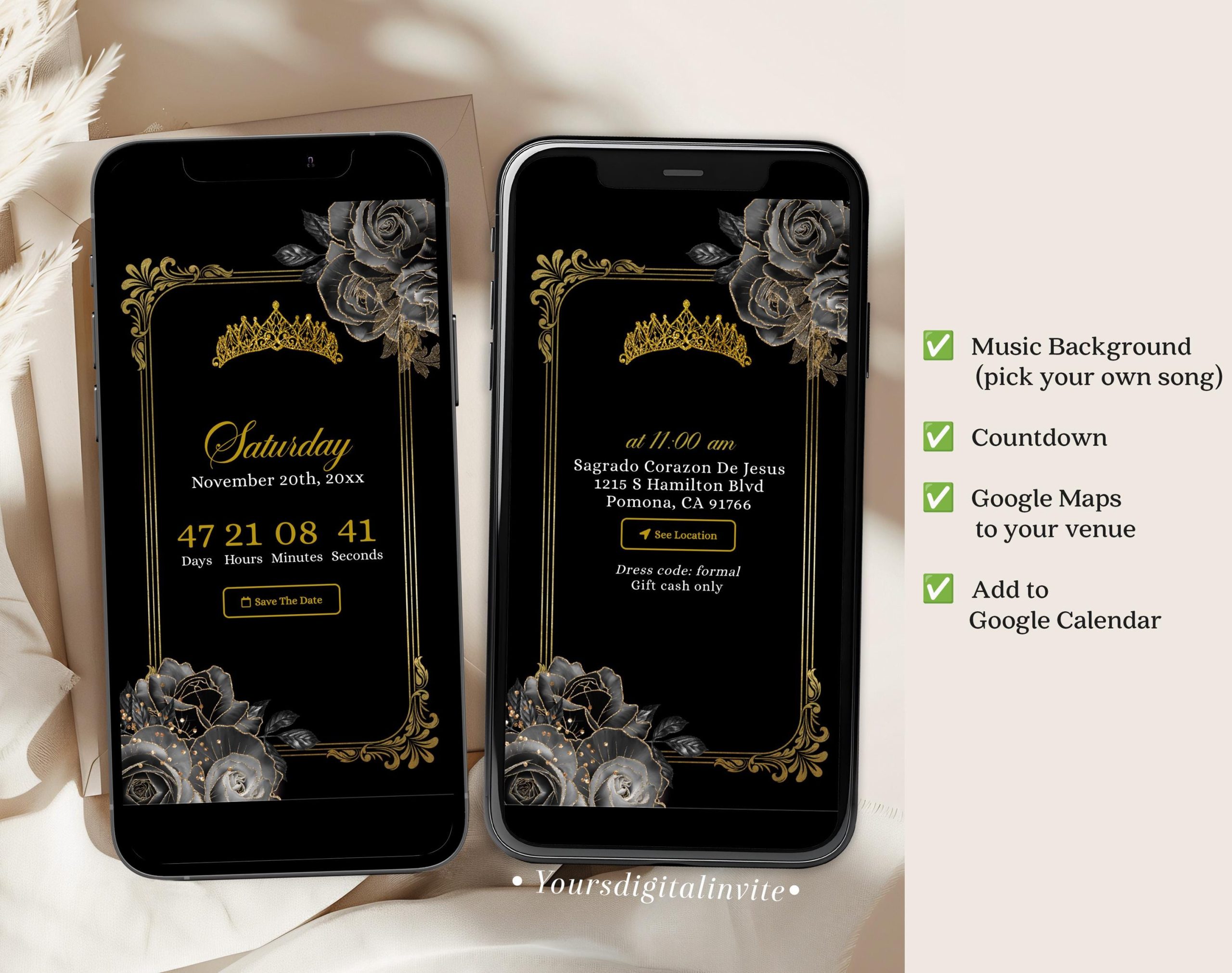 Royal Ballroom Gold and Black Rose Princess Quinceañera Invitation