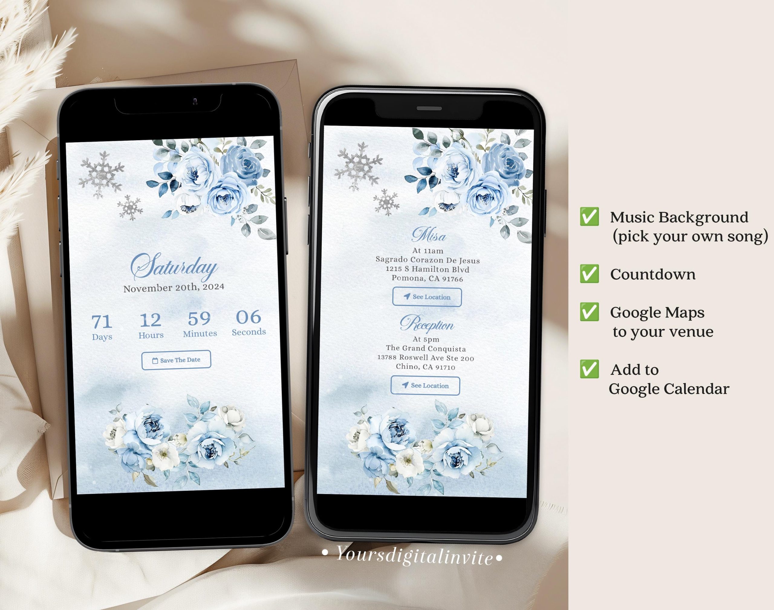 3 Winter Snowflakes Blue Mexican Quinceañera Invitation