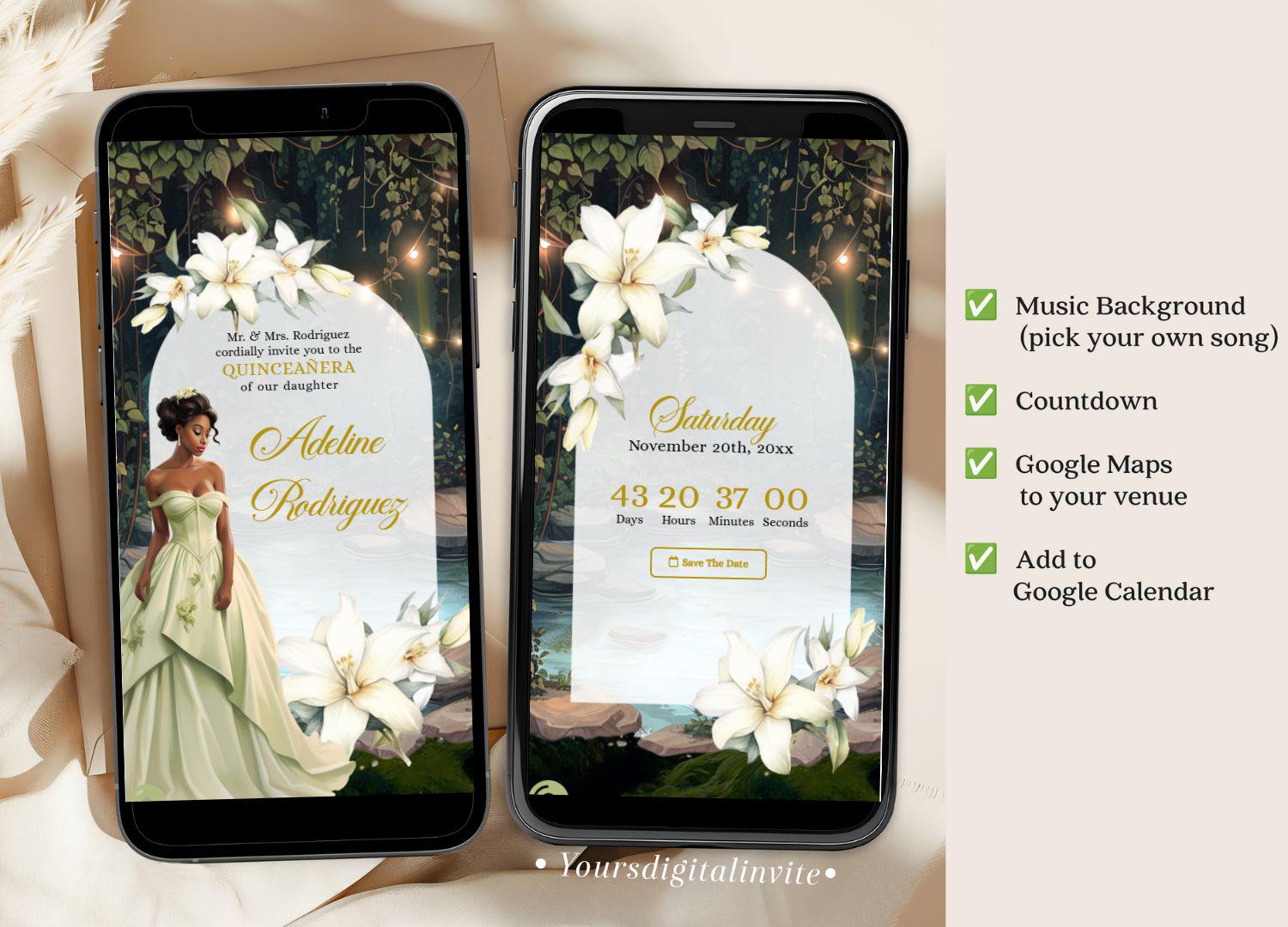 A15 Fairytale Magical Forest Princess African American Quinceañera Invitation