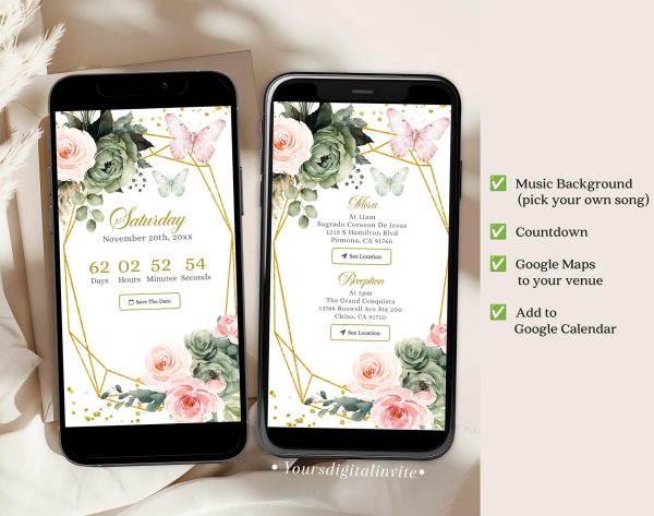 A6 Blush Pink Sage Green Floral Mexican Princess Quinceañera Invitation