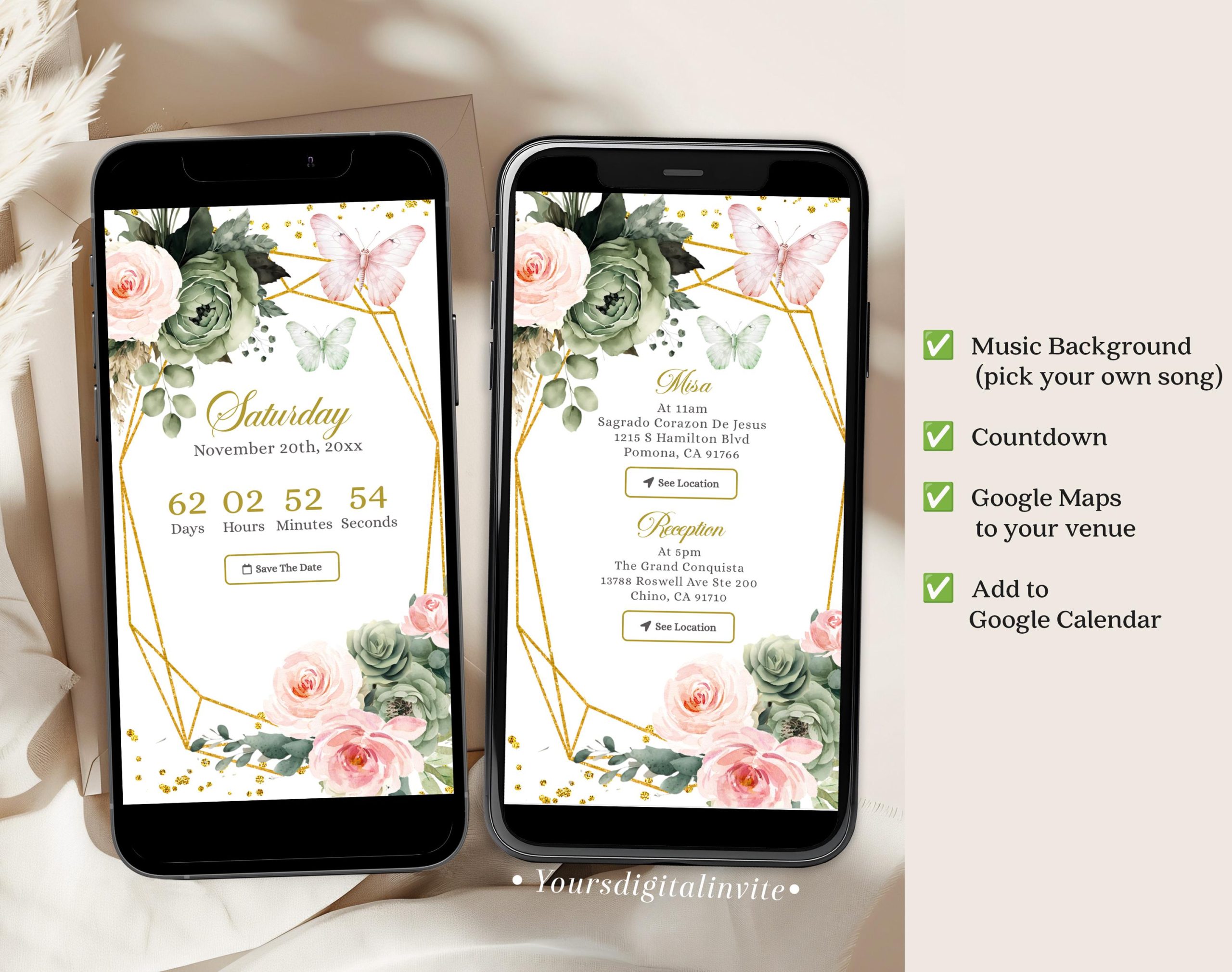 A6 Blush Pink Sage Green Floral Mexican Princess Quinceañera Invitation