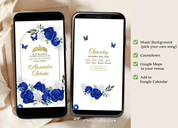 Elegant Gold Royal Blue Quinceanera Princess Invitation