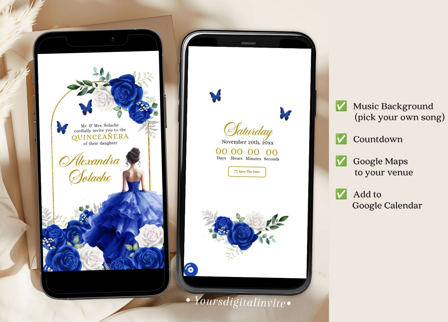 Elegant Royal Gold Royal Blue Quinceanera Princess Invitation