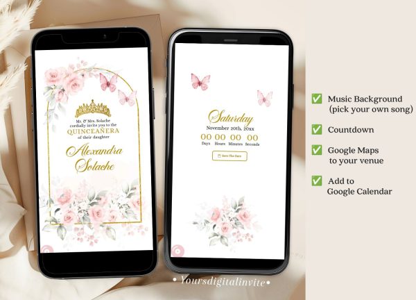 A17 Butterfly Rose Gold Pink Quinceanera Princess Invitation