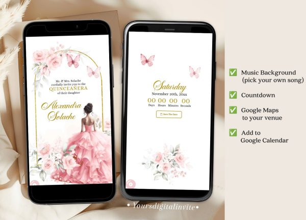 Butterfly Rose Gold Pink Quinceanera Princess Invitation