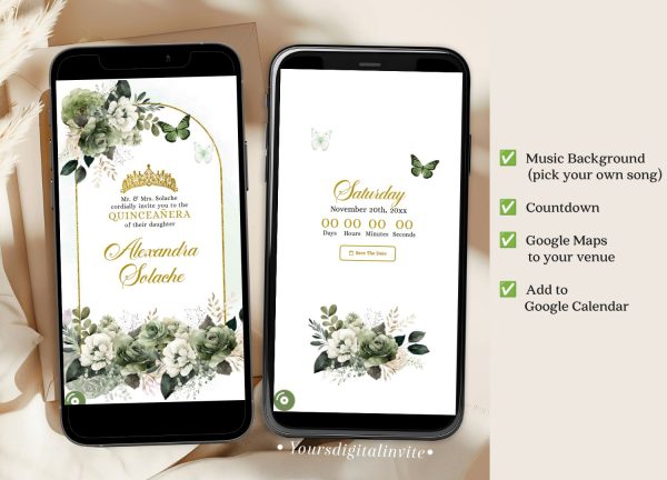 Elegant Sage green Mexican Princess Quinceanera Invitation