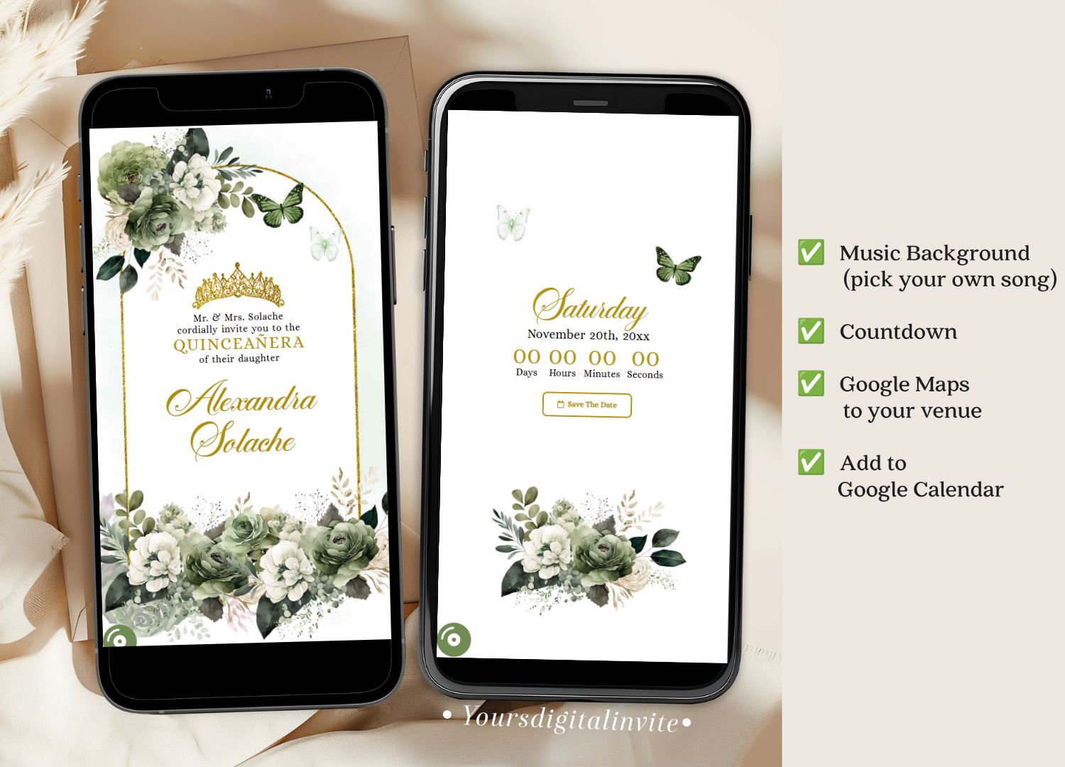 3 A17 sage 2 Elegant Sage green Mexican Princess Quinceanera Invitation