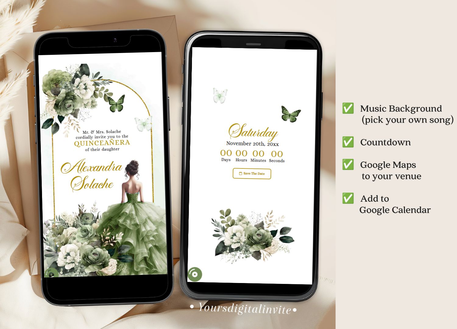 3 A17 sage A17 Elegant Sage green Mexican Princess Quinceanera Invitation