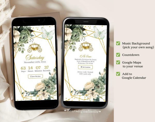 Fairytale Castle Sage Green Floral Mexican Princess Quinceañera Invitation
