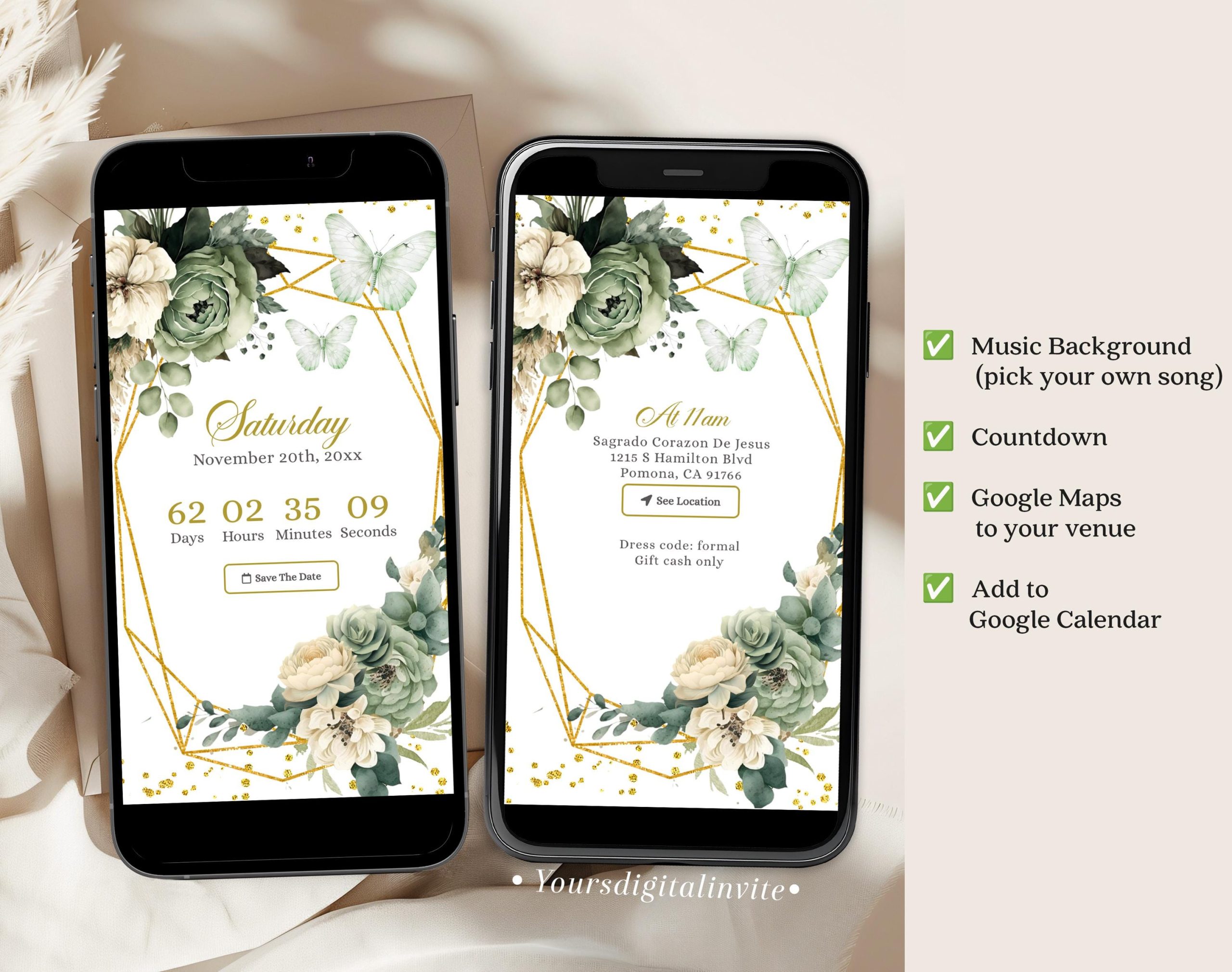 A6 Sage Green Floral Mexican Princess Quinceañera Invitation