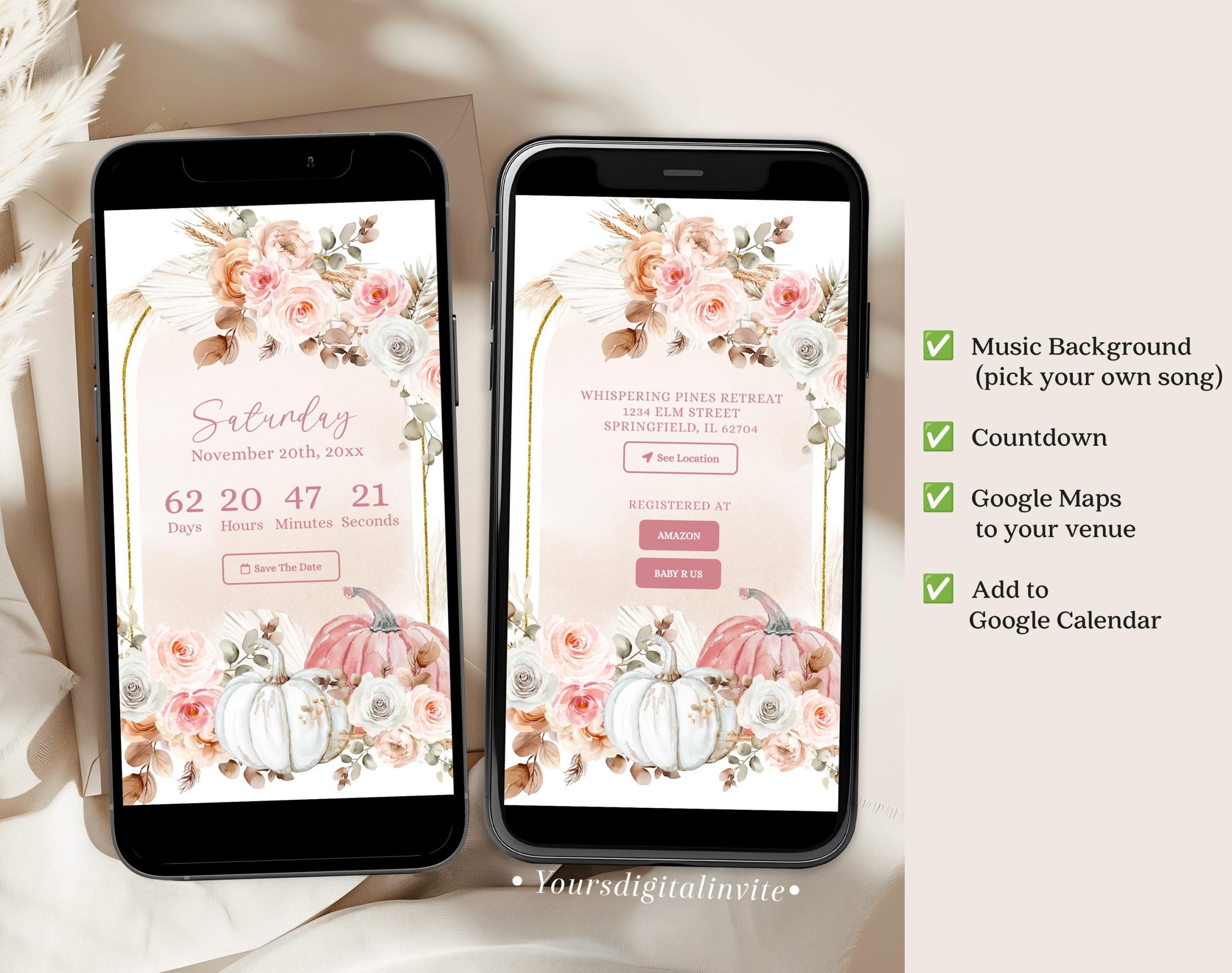 3 C54 PINK Boho Pink Pumpkin Baby Shower website Invitation