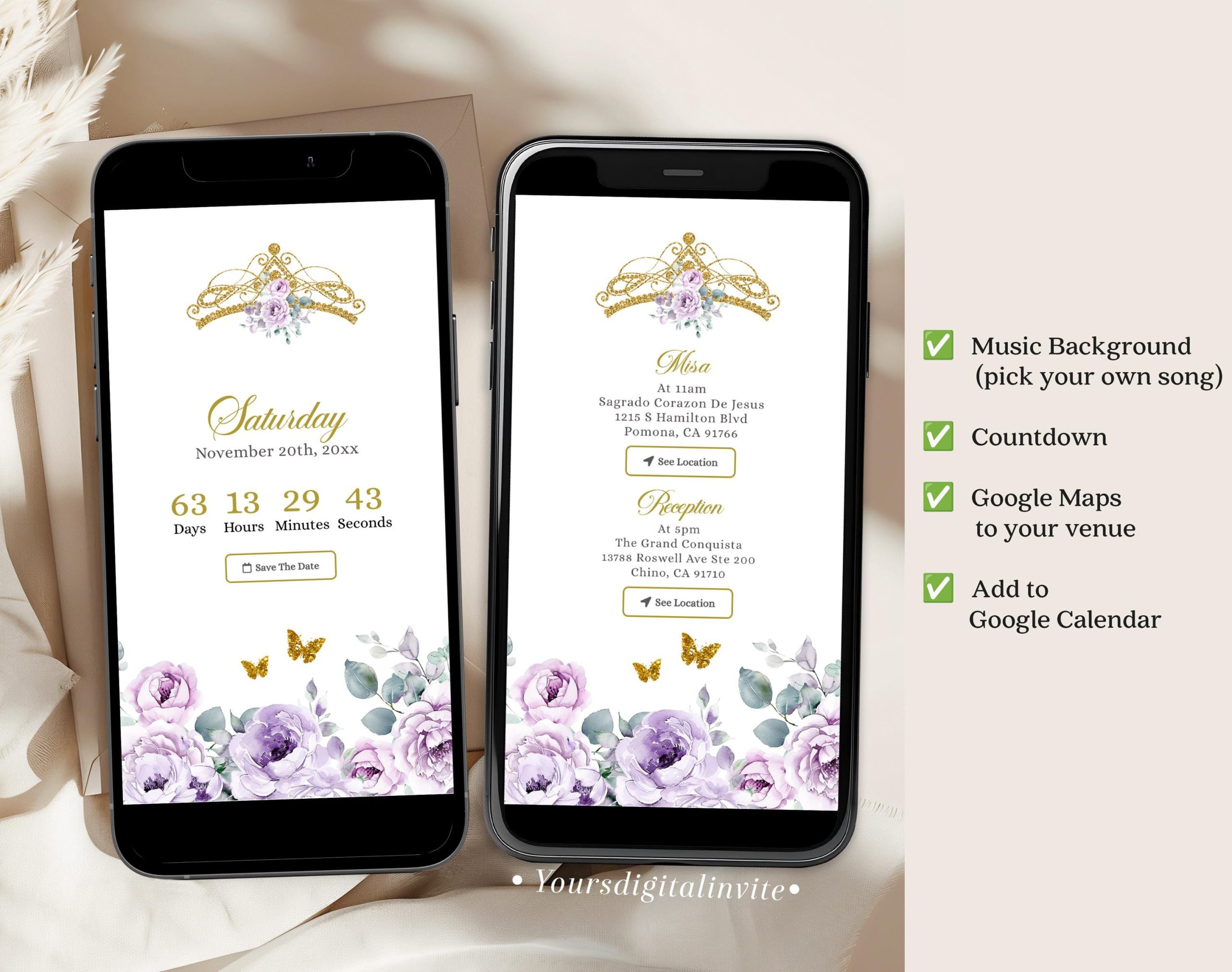 3 WA6 PURPLES Elegant Gold Purple Mexican Princess Royal Ballroom Quinceañera Invitation