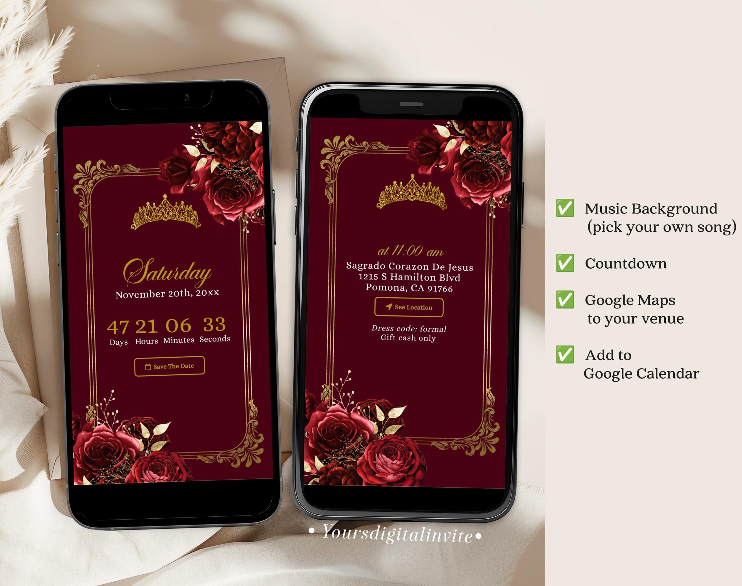 A10 Elegant Royal Palace Red Burgundy Red Floral Quinceañera Invitation