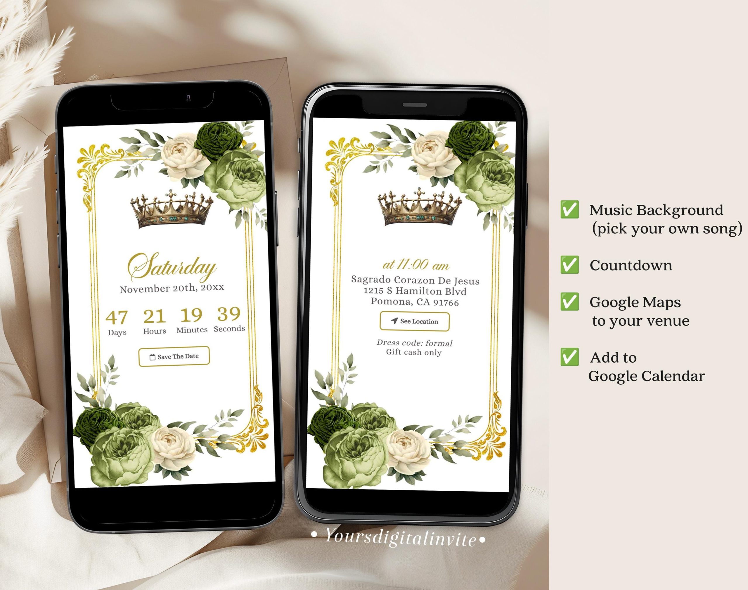 3 a10 sage Royal Grand Palace Sage Green Floral Mis Quince Invitation