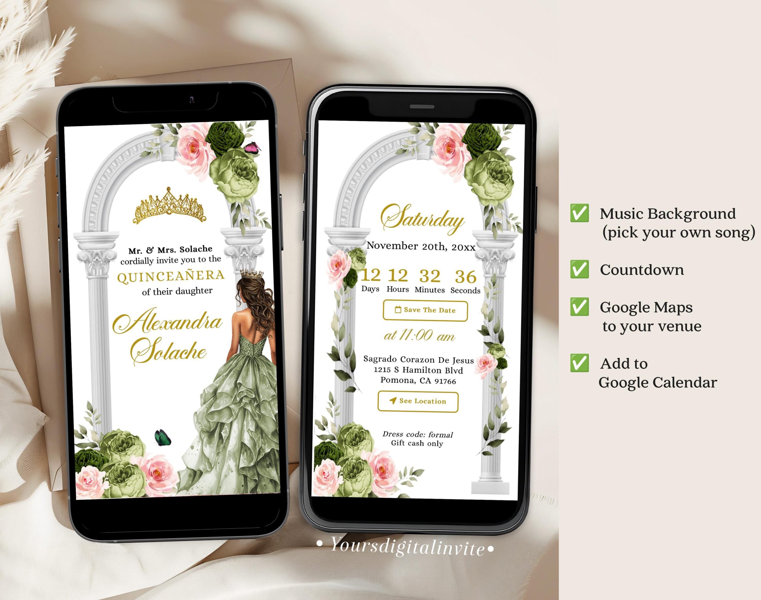 A11 Sage Pink Garden Fairy Quinceañera Invitation