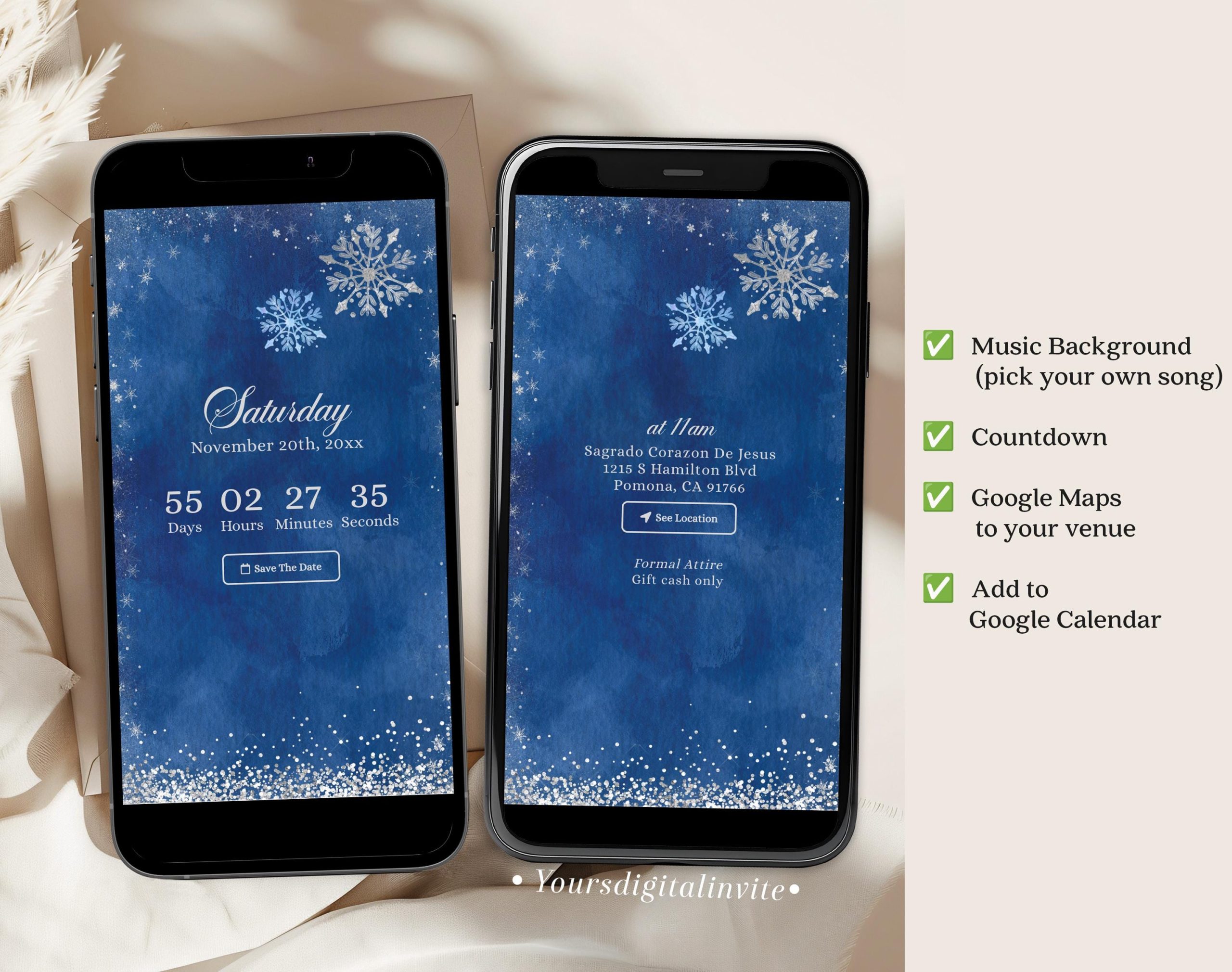 QW1 Navy Blue and Silver Winter Quinceañera Invitation