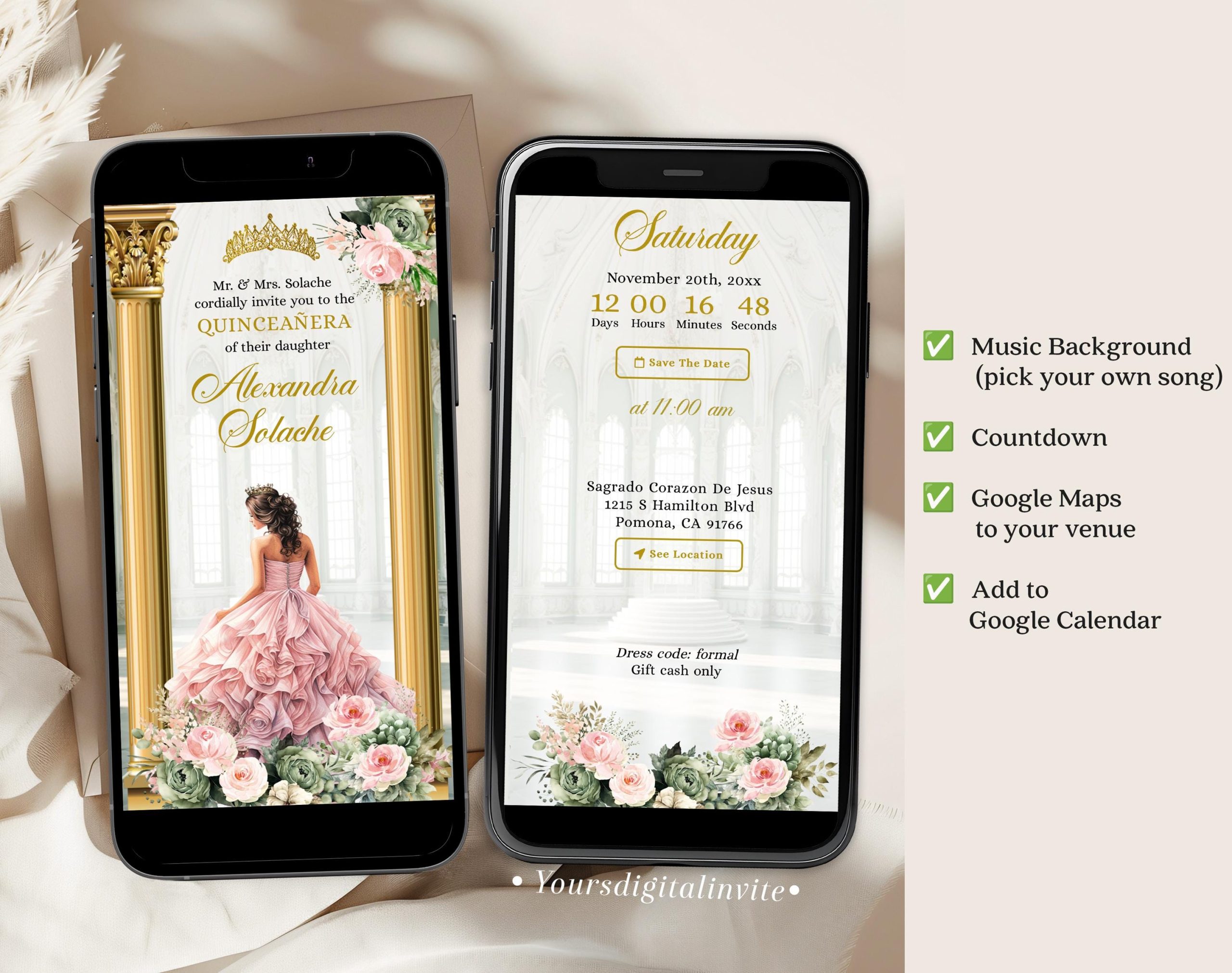 Pink Sage Floral Ballroom Quinceañera Invitation