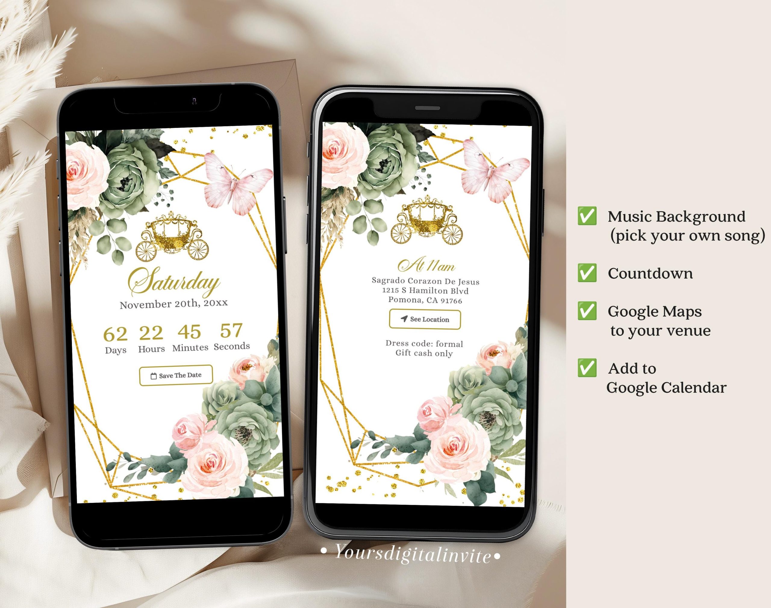 A6 Fairytale Castle Blush Pink Sage Green Floral Mexican Princess Quinceañera Invitation