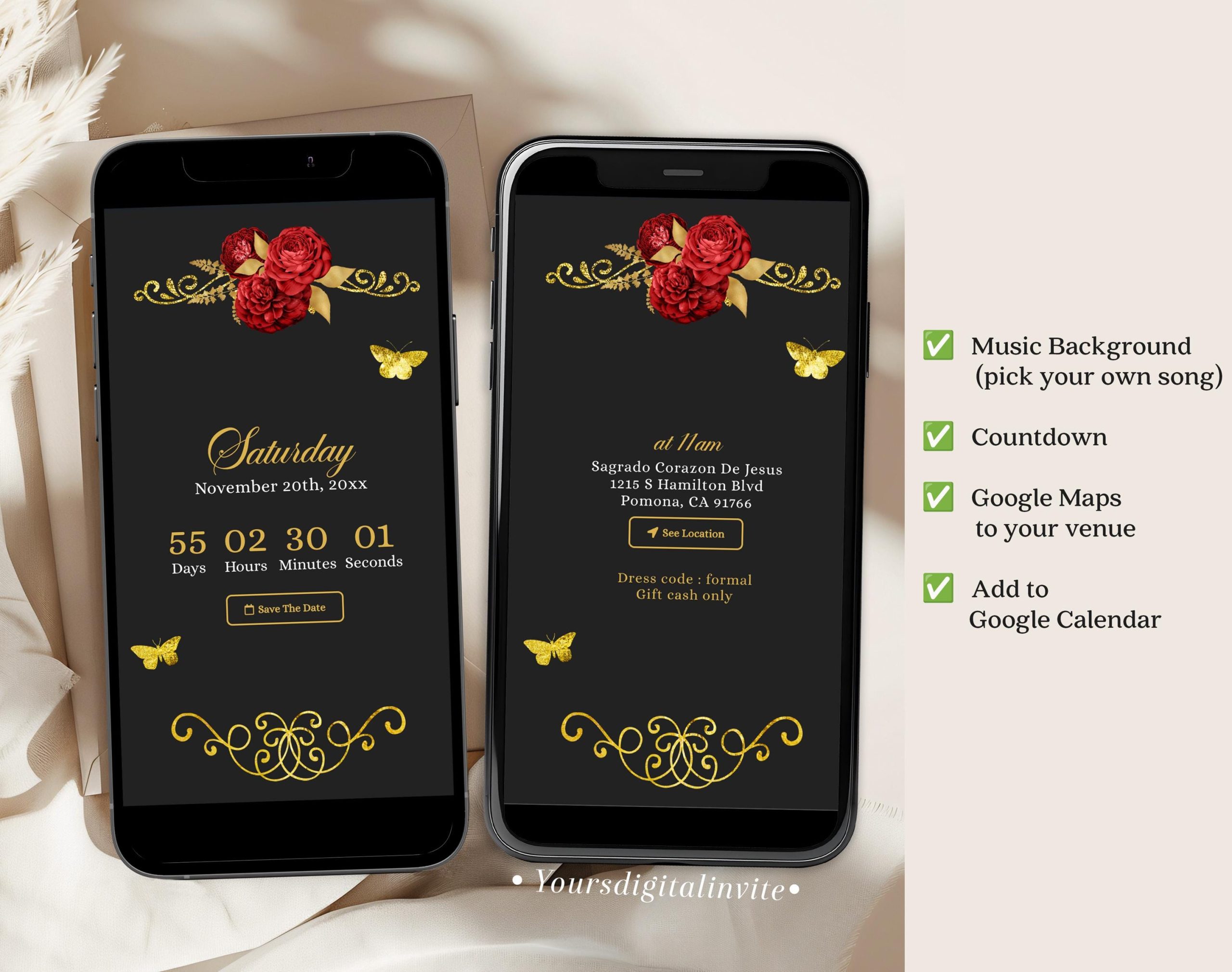 Elegant Red and Black Rose Princess Quinceañera Invitation