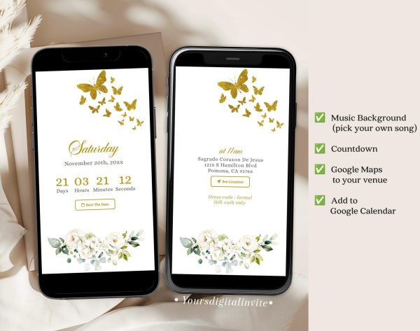 Ivory White Roses Butterfly Quinceañera Invitation