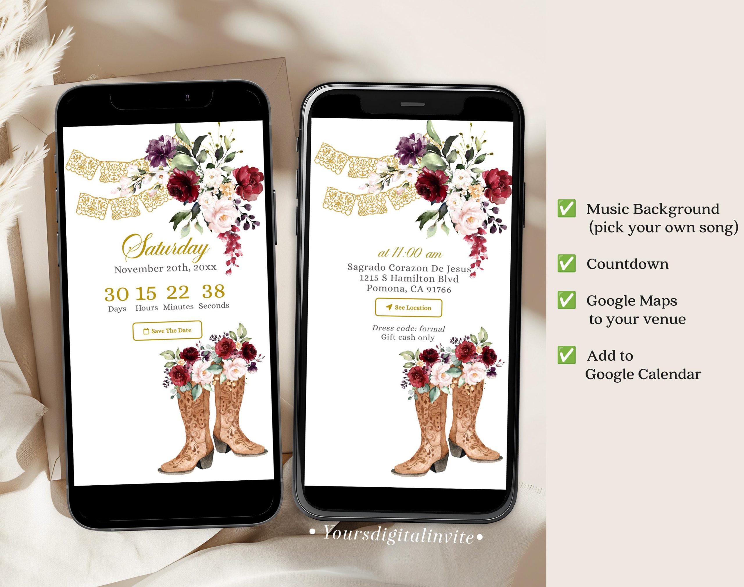 Q18 Gold and Red Burgundy Western Charra Quinceañera Invitation